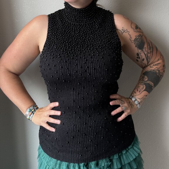 Vintage Y2K Cache Beaded Black Ribbed High Neck Sleeveless Top - Picture 1 of 10